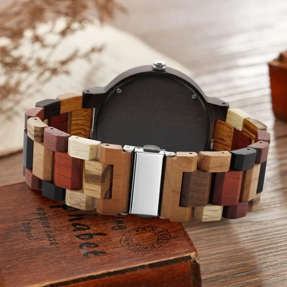 Men's Khaki Geometric Creative Quartz Hand-made Tang Buckle Wooden Watches